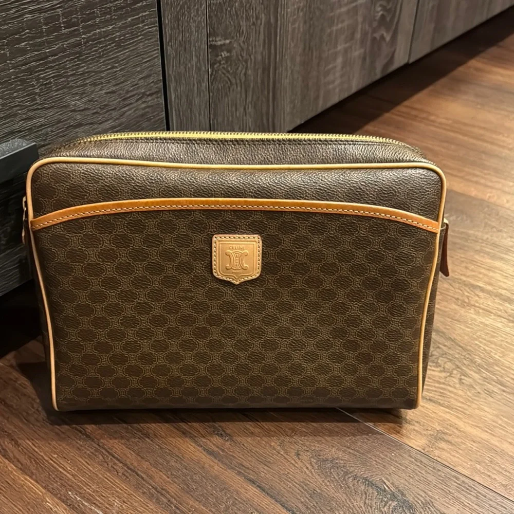 Celine Pre Owned Authentic Brown and Tan Toiletry Bag with Monogram Pattern.